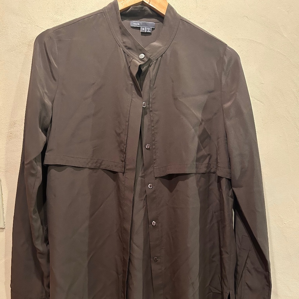 Brown Vince 100% Silk Tunic, button up band collar